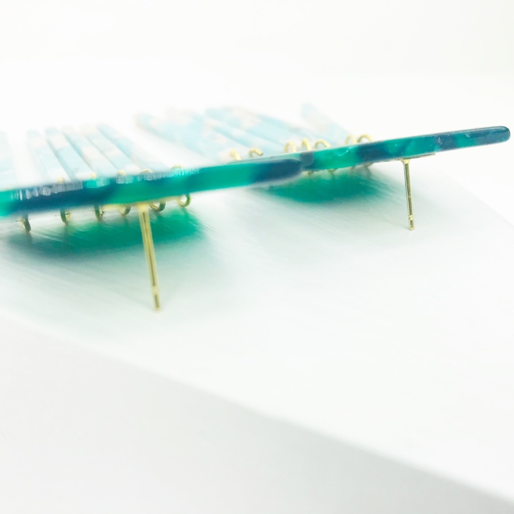 Square Earrings in Green with Blue Fringe - Picture 6 of 7